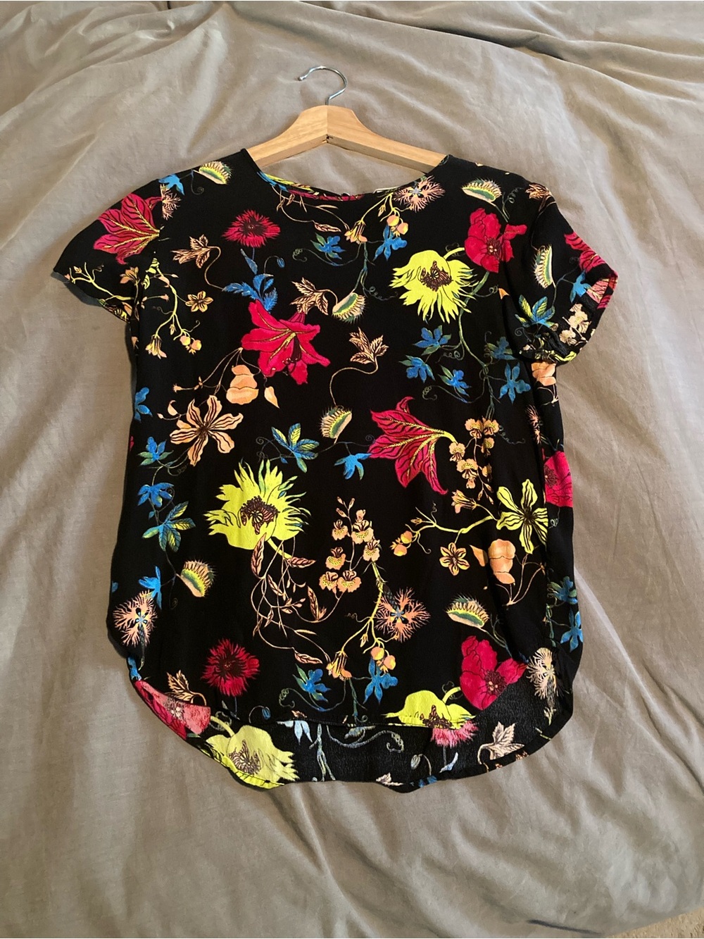 H&M Black Short-Sleeve Tee with Neon Floral Print